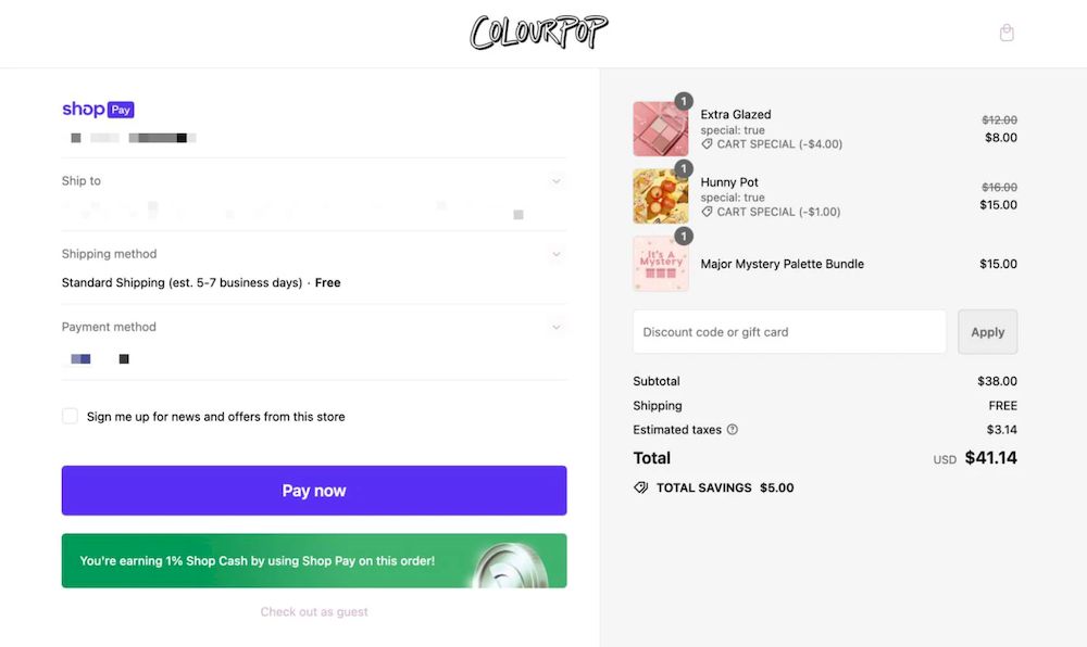 ColourPop结账页面的订单摘要,提供优惠和免费配送选项。