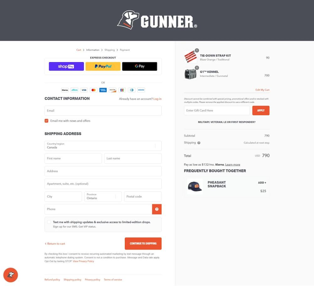 Gunner Kennels结账页面,显示购买所需字段和可选字段。