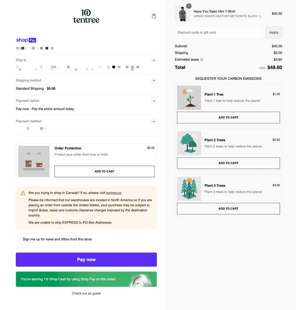 Tentree结账页面,提供碳排放抵消和订单保护选项。
